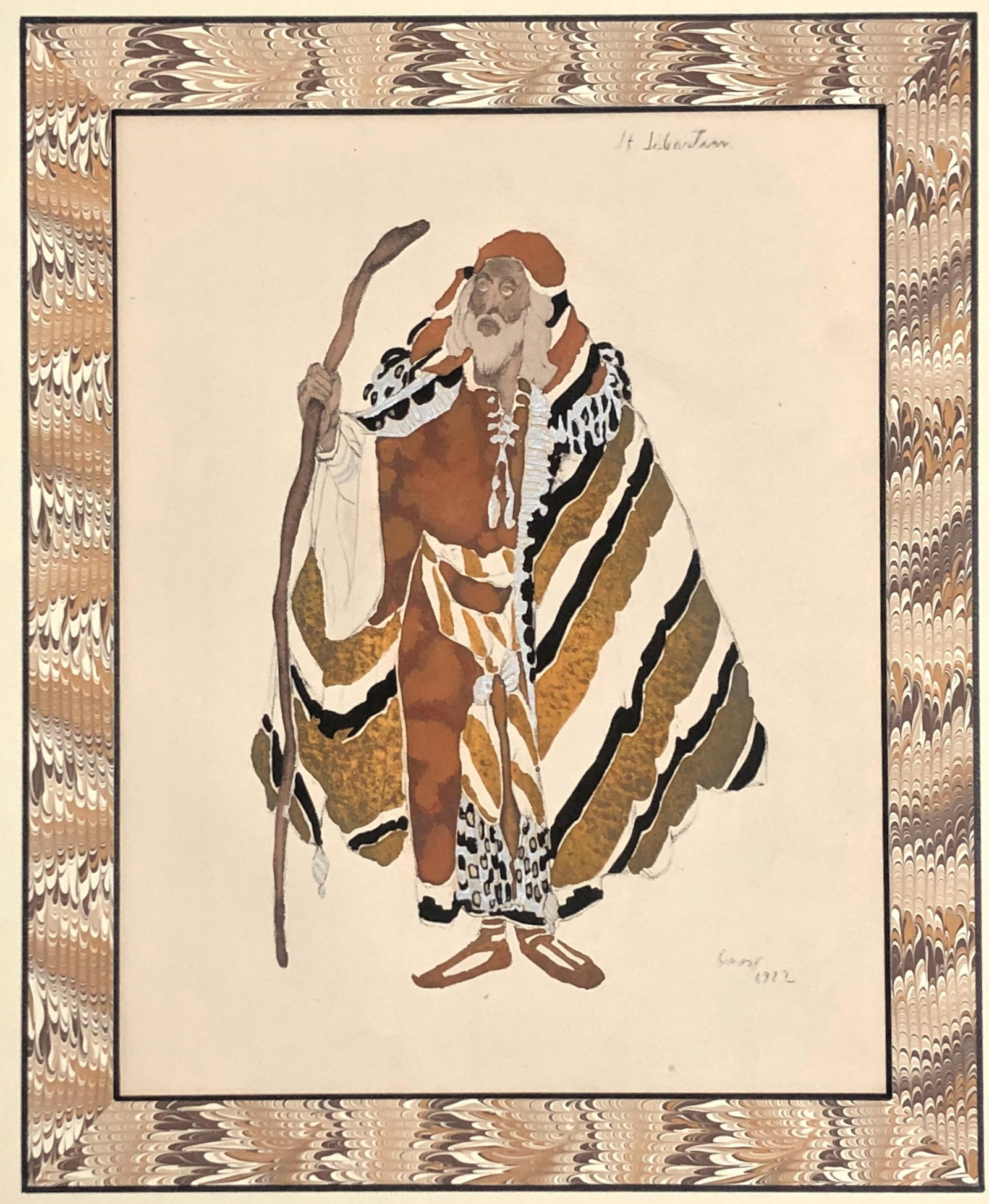 LEON BAKST RUSSIAN POCHOIR COSTUME DESIGN, ST. SABASTIAN, 1922: Martyrdom of St. Sabastian. Leon Nikolaievitch Bakst (Russian, French, 1866-1924). Costume design for St. Sabastian, 1922. Hand-colored pochoir on paper. Bakst's signature and date are lithographed in