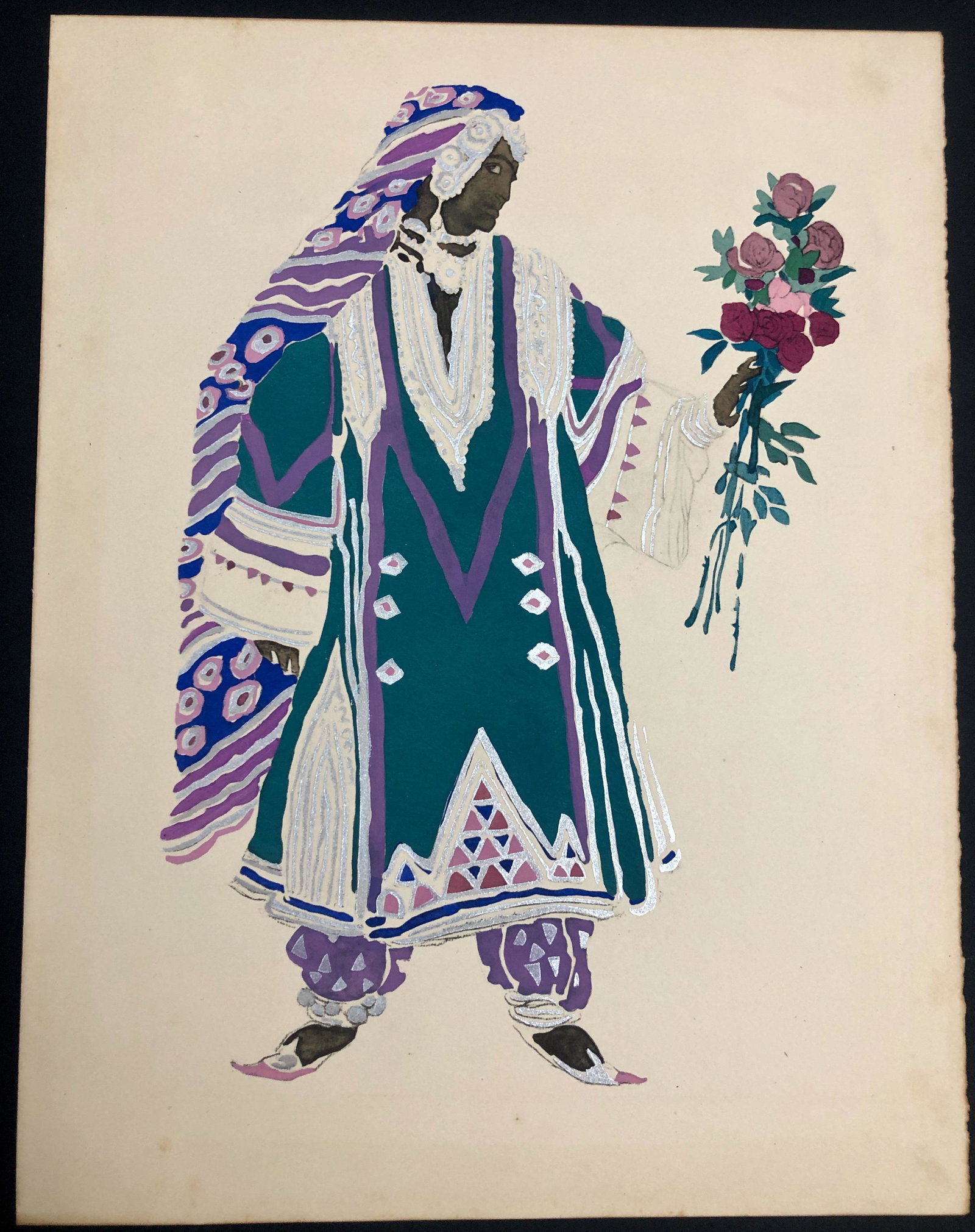 Leon Bakst Pochoir Costume Design RUSSIAN SEASONS, 1920s: Leon Nikolaievitch Bakst (Russian, French, 1866-1924). Costume design for the play Russian Seasons, 1920s. Hand-colored pochoir on paper. Dimensions: 12 3/4 inches x 9 3/4 inches. Condition: good orig