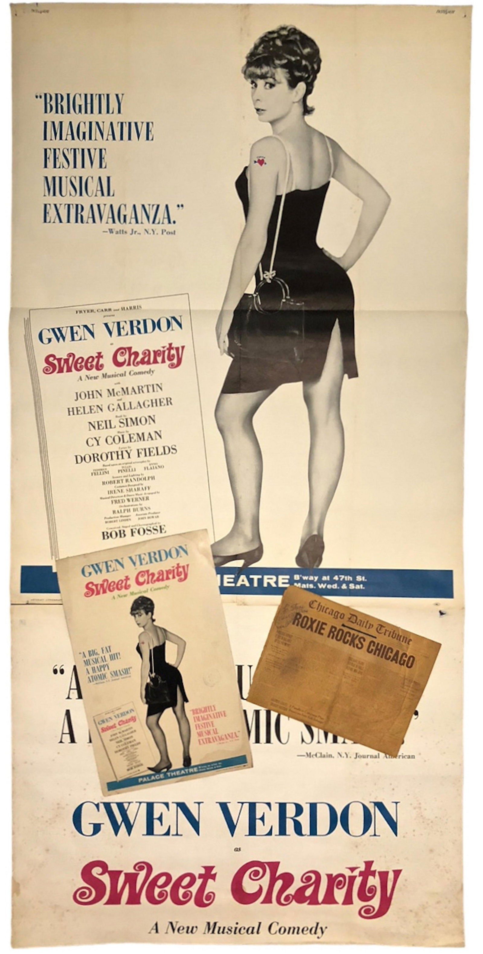 Broadway Theatrical Poster SWEET CHARITY, GWEN VERDON, N.Y.C. 1966: SWEET CHARITY. Collection of Gwen Verdon Broadway Theater Memorabilia, New York City, 1966 Includes: Chicago Daily Tribune inscribed in ink by Gwen Verdon: FOR STEVE BEST WISHES, Gwen Verdon. Dimensio