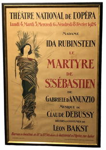 Art Nouveau French Theater Poster, Leon Bakst, Paris 1924: Theatre National De Opera LE MARTYRE DE SAINT SEBASTIEN. Original Art Nouveau French Marquee Poster, Paris, 1924. Poster design illustrated by Leon Bakst (Russian, 1866-1924). Les Imprimeries, J. Mino