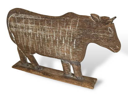 American Folk Art Primitive Hand-Carved Wooden Horned Cow: Vintage folk art primitive hand-carved wooden horned cow (horn is removable). Dimensions: Height: 14 in., Length: 24 in., Depth: 3 in. Condition: good original pre-owned estate condition, no repairs n