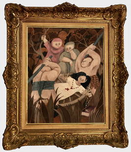 THE JUDGEMENT, Primitivism Oil Painting, Signed And Dated, 1957: Mid-Century Primitivism Painting: THE JUDGEMENT, signed and dated: 1957, lower right (date is clear but artist's signature is difficult to read). Framed oil on canvas board. Dimensions: framed: 27 1/2