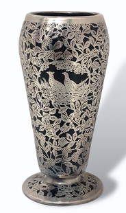 Rockwell Silver Art Deco Vase W/ Sterling Overlay On Black Amethyst Glass: Art Deco Rockwell black amethyst art glass vase with elaborate sterling overlay. Sterling overlay featuring a pair of birds, floral and foliage scrolls. Marked sterling. Dimensions: height: 7 in., dia