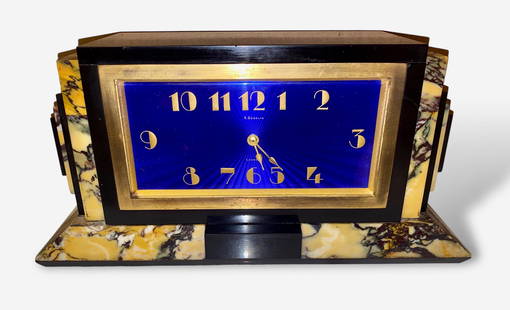 Art Deco E. GUBELIN LUCERNE Blue Guilloche Enamel Marble Mantel Clock W/ Key: Swiss Gubelin Lucerne Art Deco Marble Mantle Clock With Original Key.Marble clock with blue guilloche face and side pull out draws (view photo).Dimensions: height: 5 1/4 in., width: 11 in., depth: 4