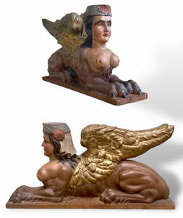 Egyptian Revival Carved & Painted Female Winged Sphinx: THE ROYAL GUARDIAN. Mythological Carved Wood Sculpture of The Greco-Roman Winged Female Sphinx. Hand-Carved and Painted. Face and breast of a woman, with the body of a lion and the wings of a falcon.