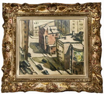 Henry Botkin (American, 1896-1983) Watercolor, N.Y.C. 1929: View From A Window. New York City Urban Watercolor Painting, Signed and Dated by the Artist, Henry Botkin, 1929. Watercolor on paper. Housed in a carved gold gilt frame under glass. Dimensions: framed