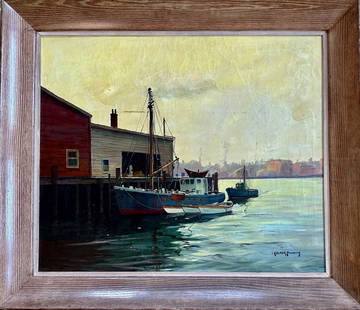 C. Hjalmar Amundsen (American, 1911-2001) Harbor View Dockside, Sag Harbor, N.Y.: American Impressionist Harbor Painting, Signed by the Artist, C. Hjalmar CAPPY Amundsen (lower right). Fishing Boats at Dockside. Framed oil on canvas. Dimensions: framed: 37 in. x 43 in., canvas: 30