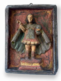 A Bas Relief Sculpture Depicting The Santo Nino De Cebu, Philippines: Santo Nino de Cebu-Holy Child Jesus. Early Hand-Carved Polychrome Bas Relief. Hardwood. Origin: Philippines. Dimensions: height: 12 in., width: 9 1/2 in., depth: 3 in. Condition: good overall original