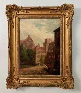 19th C. Dutch Impressionist Village Landscape Oil Painting, H. Van Hubner: Antique 19th Century Dutch Impressionist Painting, Signed by the Artist, H. Van Hubner (Heinrich Hubner?) lower left. Evening village square scene with people strolling and a nearby family gathered wi