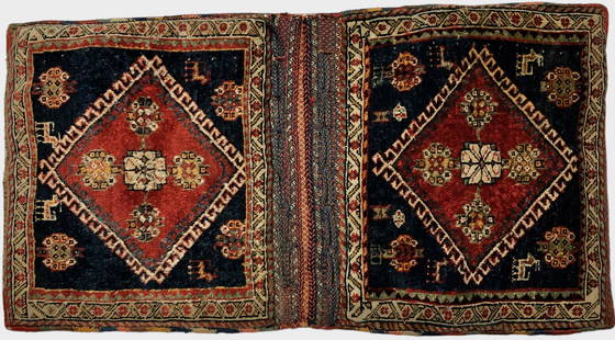 Antique Persian Hand Woven Saddlebag Wool Rug Carpet: 3 ft. 4 in. x 1 ft. 9 in.: Antique Persian Hand Knotted Saddlebag Wool Rug. Hand-woven designs throughout with center diamond medallion, geometric designs and animals. Dimensions: 40 in. x 21 in. Condition: good original pre-ow