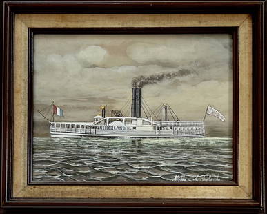 Kristina Nemethy Hudson River HIGHLANDER STEAMBOAT Painting: Kristina Augustina Nemethy (American, 20th c.). Highlander Steamboat painting, signed by the artist, Kristina Augustina Nemethy (lower righr). Evening view of the Highlander Steamboat in choppy waters