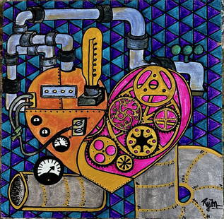 Pop Art Painting INDUSTRIAL HEART, A. Ryan: MECHANISM OF THE HEART. Industrial Pop Art Painting, Signed by the Artist, A. Ryan (lower right). Acrylic on wood board. Dimensions: wood panel: 24 in. x 24 in. Condition: good original pre-owned esta