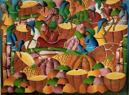 Haitian Naive Folk Art Painting, D Vener, 1960s: Mid-Century Naive Haitian Folk Art Primitive Painting, Signed by the Artist, D Vener (lower right). Circa 1960s. Acrylic on canvas. Dimensions: canvas: 11 in. x 15 in. Condition: good original unframe