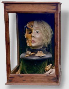 Memento Mori Vanitas Tableau c.1900s: Vanity of Vanities All Is Vanity. Memento Mori Vanitas Tableau Sculpture Housed In Display Case. Early 20th Century. Three dimensional composition model of a life size female head, half of which depic