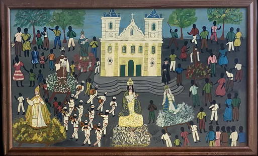 Zilda Paim (Brazil, 1919-2013) Divine Holy Spirit Festival Painting, 1987: FESTIVAL OF THE DIVINE HOLY SPIRIT. Brazilian folk art painting signed and dated by the artist, Zilda Paim, 1987. Celebrated at The Parish Church of Our Lady of Purification, Santo Amaro, Bahia Brazil