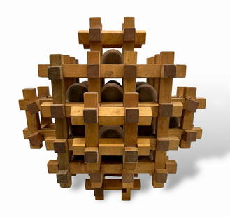 Sori Yanagi (Japanese, 1915-2011) CAPTIVE BALL SCULPTURE. 1960s: Mid-Century modernist wood sculpture by the industrial designer, Siri Yanagi for Kumiki, Japan. Wooden Captive Ball Puzzle Sculpture. Dimension: 14 1/2 inches x 14 1/2 inches. Condition: good original