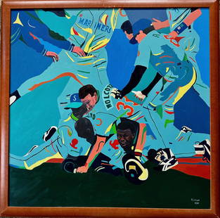 Pop Art Collage Painting BASEBALL SCUFFLE, Karen 1996: ANGELS & MARINERS BRAWL. Pop Art Collage Painting, Signed and Dated by the Artist, Karen, 12/96 (lower right). Acrylic on canvas. Dimensions: framed: 39 1/4 inches x 39 1/4 inches., canvas: 36 inches