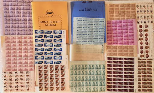 Estate Collection of American Mint Stamps, Sheets, Albums, Numbered Plate Blocks  (1000+): Vast Collection of Unsorted American Mint Stamps. 1000 plus. Includes: Numbered Plate blocks, Full Mint Sheets, Packed Album, Single Stamps and More. View all photos for accuracy. Condition: good orig