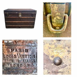 Louis Vuitton Steamer Trunk, France, Circa 1880s: Antique 19th Century Louis Vuitton Steamer Trunk. Fully marked Louis Vuitton hardware & leather tags (view photos). Signed with impressed manufacturer's mark to clasps reads: 1 Rue Scribe/Paris/Louis