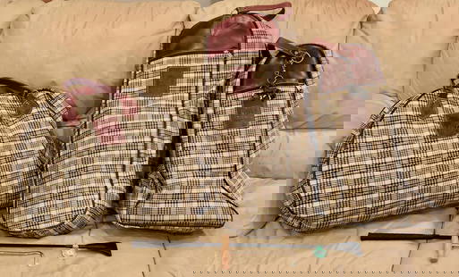 Equestrian Gear Bags 5/A Baker: Equestrian Gear Bags. Three 5/A Baker equestrian gear bags, one riding crop and one boot pull are included. Each gear bag is made from the famous Baker Sheet Fabric and trimmed with the finest quality