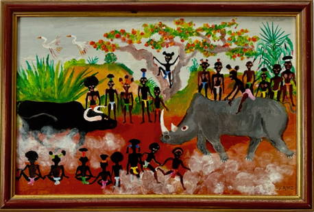 Naive Fantasy Folk Art Jungle Painting, J. Ruiz, 1970s: Naive Folk Art Jungle Fantasy Painting, Signed by the Artist, J. Ruiz (lower right). Framed enamel paint on board. Dimensions: framed: 15 1/4 inches x 22 1/4 inches., board: 12 3/4 inches x 19 1/2 inc