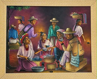 Latin  American Folk Art Oil Painting, Mario Chavajay: Tzutujil Maya Artist, Mario Gonzalez Chavajay. Latin American Folk Art Painting, Signed by the Artist, Mario (Chavajay). Interior family scene. Framed oil on canvas. Dimensions: framed: 18 6/8 in. x 2