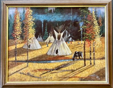 Daniel Yazzie (Navajo, 1954-2022) American Indian Teepee Encampment Painting: Native American Indian Painting, signed by the Navajo Artist Daniel Yazzi, Circa 1980s. Evening encampment with teepees in a landscape setting. Signed lower right, Daniel Yazzi. Acrylic on canvas. Dim