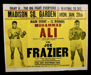 Muhammad Ali / Joe Frazier II FIGHT OF THE CENTURY, 1974: REMATCH Madison Square Garden, January 28, 1974. Original cardboard advertisement poster from the rematch on January 28, 1974. Red and black lettering on a yellow background, with photo illustrations