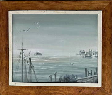 Herman Latham Kent (American, 1930-2010) LOW TIDE FOG, Cape Cod, Massachusetts: New England Shore Scene Painting, Signed and Titled by the Artist. HERMAN LATHAM KENT-LOW TIDE FOG, CAPE COD (view verso). Evening coastline dockside scene with distant boats and birds flying overhead