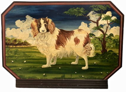 Advertisement Painted Store Signboard, CAVALIER KING CHARLES SPANIEL: Original Vintage Painted Wood Advertisement Store Signboard, Artist Signed. Image of a Cavalier King Charles Spaniel in a landscape setting. Signed by the artist on verso (lower right). Oil on wood pa