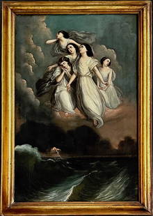 19th C. American School Marine Painting, Angels Above A Ship In Distress: American 19th Century Marine Oil Painting. Angels Above A Ship In Distress at Sea. Framed oil painting on canvas. Dimensions: framed: 23 1/2 in x 18 1/4 in.; canvas: 21 in x 14 in. Condition: good ori
