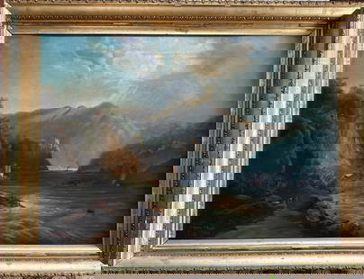 Ireland Seascape Landscape Oil Painting, Bessie O'Brien, 1900: Bessie O'Brien (Irish, 19th-20th century). Irish seascape landscape painting with boats, figures and surrounding mountains, signed and dated by the artist, Bessie O'Brien, 1900 (lower left). Oil on ca
