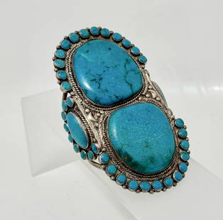 Navajo Old Pawn Sterling & Turquoise Monumental Cuff Bracelet, Signed: Old Pawn Native American Navajo Hand Forged Heavy Sterling Silver Turquoise Large Cuff Bracelet. Artist Initial Signed: H C.(view photo). Two exceptionally large center turquoise stones, surrounded by