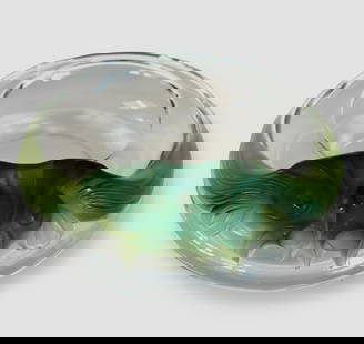 Lalique Yeso Antinea Opalescent Crystal Centerpiece Bowl: Lalique crystal centerpiece bowl, YESSO ANTINEA. Koi Fish on a transparent crystal base with two voluminous fish applied from matte green crystal. Etched Lalique, France on underside (view photo). Dep