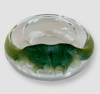 Lalique Yeso Antinea Opalescent Crystal Centerpiece Bowl: Lalique crystal centerpiece bowl, YESSO ANTINEA. Koi Fish on a transparent crystal base with two voluminous fish applied from matte green crystal. Etched Lalique, France on underside (view photo). Dep