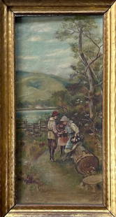 European School Landscape Oil Painting, BIRDS NEST, Signed, 1909: Antique Forest landscape oil painting, artist signed and dated (19)08 (view photos). Forest scene with children discovering a birds nest of eggs. Framed oil on canvas. Dimensions: gilt gold wood frame