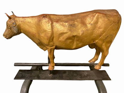 American Gilt Molded Full-Bodied Copper Cow Weathervane, 1880s: 19th Century American Gold Gilt Full-Bodied Copper Cow Weathervane With Cast Iron Head. Mounted on Custom Metal Museum Stand. Molded full-bodied sheet copper with cast iron cow head. Dimensions: lengt