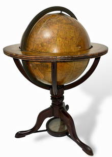 19th Century British Terrestrial Globe W/ Center Compass: British 19th Century Terrestrial Table Globe With Compass. Circular legend reads: The New Twelve Inch British Terrestrial Globe Representing the Accurate Positions of the Principal Known Places of the