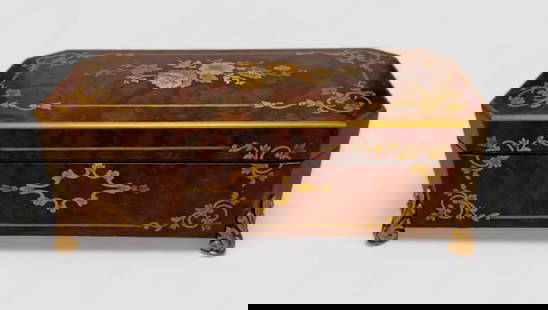 Reuge, Swiss 3 Air Cylinder Inlaid Walnut Music Box: Reuge, Saint-Croix Swiss 3 Air Cylinder Music Box. Stunning burled walnut footed case with floral marquetry. Plays three songs: Claire de Lune. The Blue Danube. Anniversary Song. View label on undersi