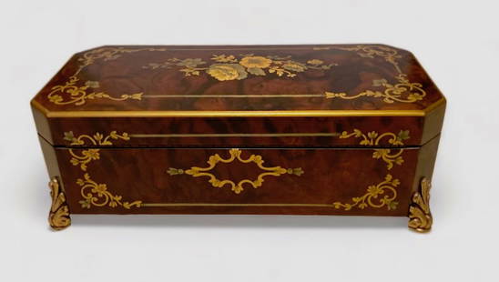 Reuge, Swiss 3 Air Cylinder Inlaid Walnut Music Box: Reuge, Saint-Croix Swiss 3 Air Cylinder Music Box. Stunning burled walnut footed case with floral marquetry. Plays three songs: Claire de Lune. The Blue Danube. Anniversary Song. View label on undersi