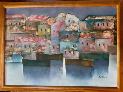 Lido Bettarini  (Italian,  1927-2019)   Village Port Oil Painting: Italian Port Painting by the artist, Lido Bettarini. Signed by Bettarini (lower right) and additionally on verso. Framed oil on canvas. Dimensions: framed: 23 inches x 30 1/2 inches, canvas: 18 3/4 in