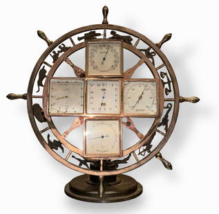 Angelus Naveo, 8-Day, 5 Dial Nautical Weatherstation c. 1930s: Zodiac Nautical Timepiece/Weather Station From the Swiss Maker, Angelus. Swiss 8 Day 15 Jewel Ships Wheel Brass Desk Weather Station With Zodiac Surround Signs. Serial number #455 Modele Depose. Five