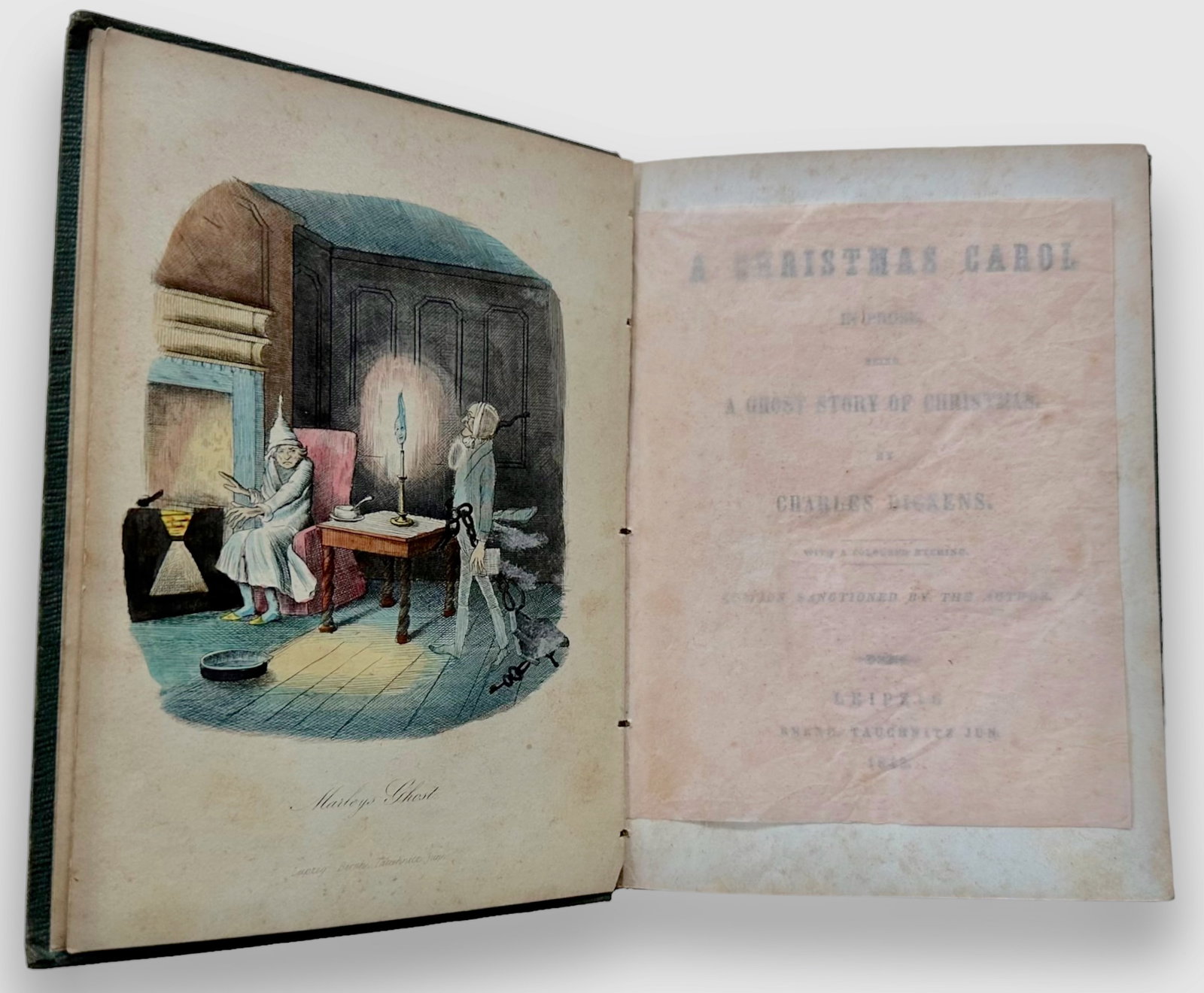 Charles Dickens (1812-1879) A Christmas Carol, 1843 & Cricket On The Hearth, 1846: A Christmas Carol in Prose and The Cricket on the Hearth. Publisher: Bernard Tauchnitz copyright edition of A Christmas Story (1843) with The Cricket on the Hearth (1846) bound together in single hard