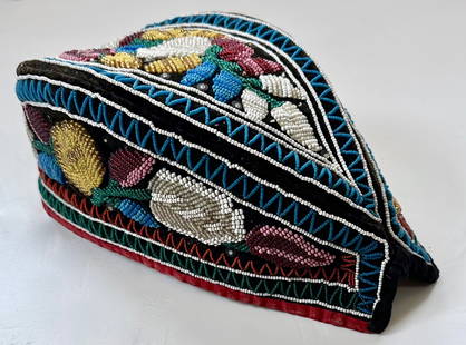 Antique Native American Mohawk Hand Beaded Glengarry Cap, C. 1865: Antique Native American Mohawk Glengarry Cap Hat. Circa 1865. Hand Beaded and Decorated by Native American Mohawk beadworker using cotton, silk and beads. Multicolor floral motif beadwork. Dimensions: