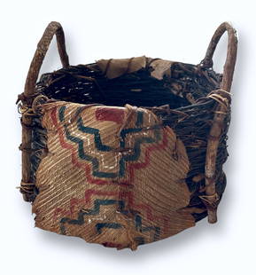 Native American Woodland Indians Painted Bark Basket: Early Native American painted bark basket. Handwoven twig basket with double bentwood handles and painted birch bark panels on each side. Approximate dimensions: Height: 15 1/2 inches (with handle), L