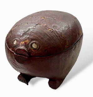 Antique Burmese Thai Lacquer Tobacco Box With Mother Of Pearl Inset Eyes w/ COA: Antique 19th Century Burmese Red Lacquer Carved Wood Tobacco Box in The Shape of an Animal (pig) with Mother of Pearl Inset Eyes. Hinged cover. Dimensions: 7 1/2 inches x 15 inches. Condition: good ov
