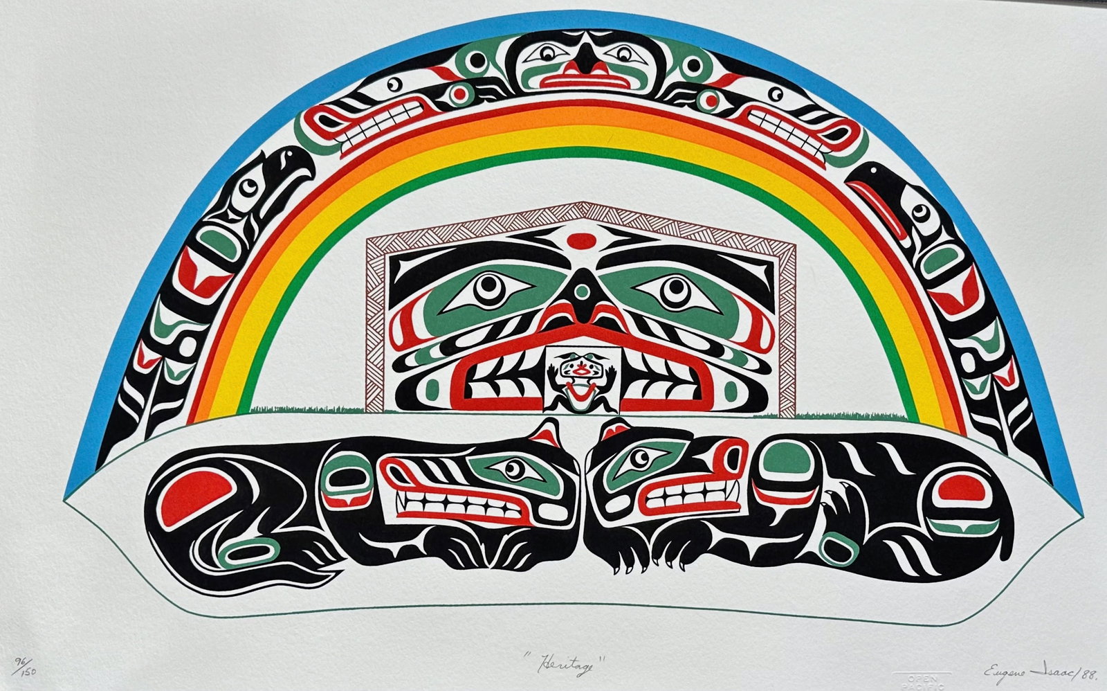 Eugene Isaac (b. 1958, Alert Bay, BC; Kwakwaka’wakw) HERITAGE: Northwest Coast silkscreen by the artist, Eugene Isaac (First Nations Indigenous Artist). Silkscreen, pencil signed, titled and dated . Title: HERITAGE. Artist: Eugene Isaac. Year: 1988. Limited editi