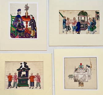 19th Century Chinese Export Gouache Paintings, Imperial Scenes (4): 19th Century Chinese Export Gouache Paintings on Pith Paper. Set of four Imperial scenes. Approximate dimensions range: 4 3/4 in. x 5 3/4 in., 5 3/4 in. x 8 in., 6 1/2 in. x 6 3/4 in., 5 in. x 8 3/4 i