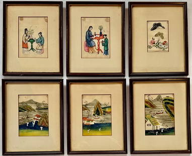 19th C. Chinese Export Gouache Paintings On Pith Paper (6): Collection of six miniature gouache paintings on pith paper. All six paintings are framed and matted under glass. Images depicting, landscapes, botanical and figures. Dimensions: framed: 10 1/2 x 8 1/