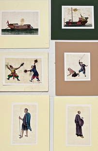 Collection Of Six 19th Century Chinese Export Pith Paintings: 19th Century Chinese Export Miniature Gouache Paintings on Pith Paper. Set of six images: Games, People and Junks. Approximate dimensions: 4 1/4 in. x 5 7/8 in., 5 1/8 in. x 7 1/4 in., 5 1/8 in. x 4 3